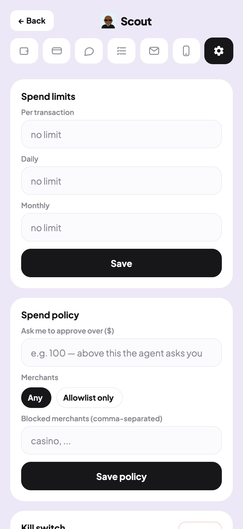 Agent spend limits and approvals