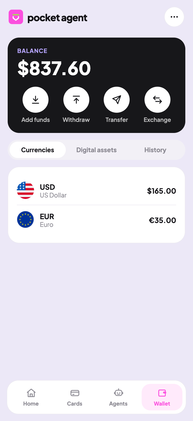 Wallet screen with balances